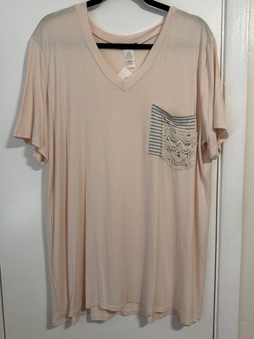 HEIMISH USA Pale Blush V-Neck Tee with Striped Crochet Pocket